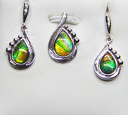 Ammolite earrings and pendant set. Green, yellow and red, triple color