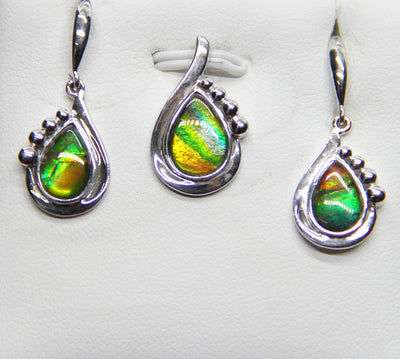 Ammolite earrings and pendant set. Green, yellow and red, triple color
